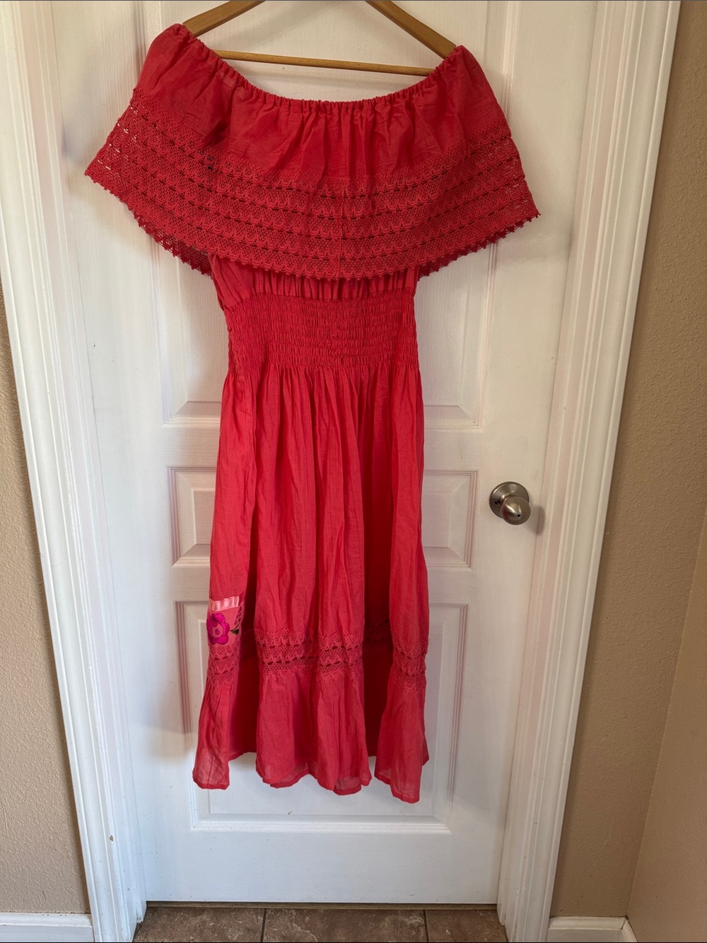 Mexican Coral Embroidered Off-Shoulder Dress - Picture 7 of 8